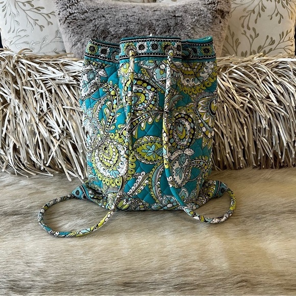 VERA BRADLEY Peacock Drawstring Bag Small Backpack Green Blue Paisley 2007 Y2K - Picture 6 of 13